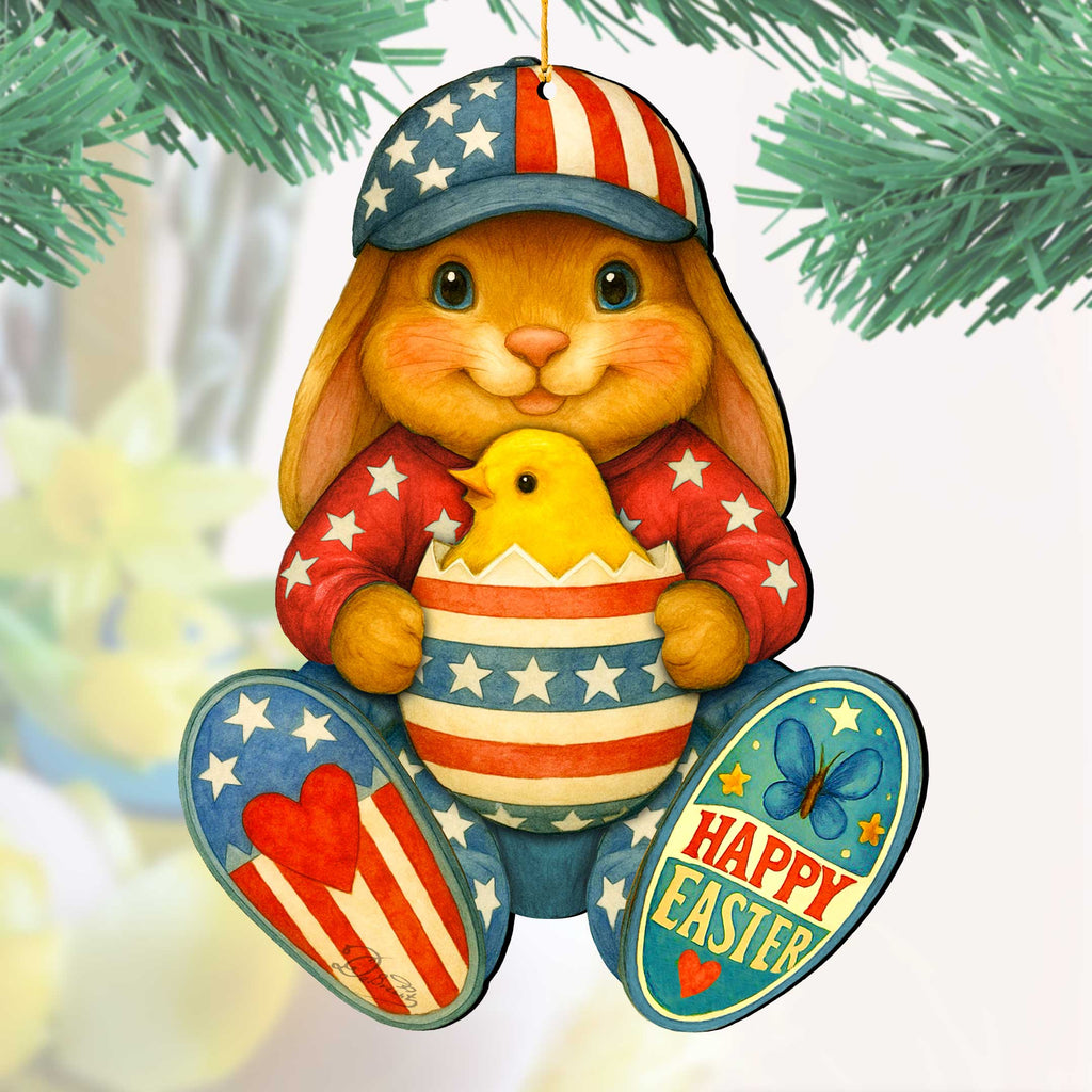 Patriotic Easter Bunny Ornament with Chick – Handcrafted Wooden Americana Easter Décor by G. Debrekht - 8652857
