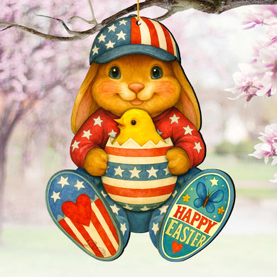 Patriotic Easter Bunny Ornament with Chick – Handcrafted Wooden Americana Easter Décor by G. Debrekht - 8652857