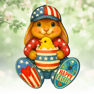 Patriotic Easter Bunny Ornament with Chick – Handcrafted Wooden Americana Easter Décor by G. Debrekht - 8652857