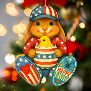 Patriotic Easter Bunny Ornament with Chick – Handcrafted Wooden Americana Easter Décor by G. Debrekht - 8652857
