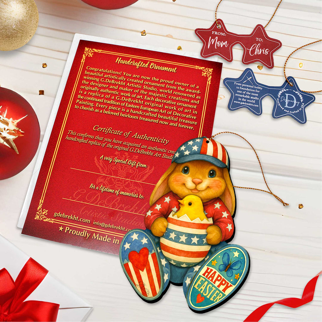 Patriotic Easter Bunny Ornament with Chick – Handcrafted Wooden Americana Easter Décor by G. Debrekht - 8652857