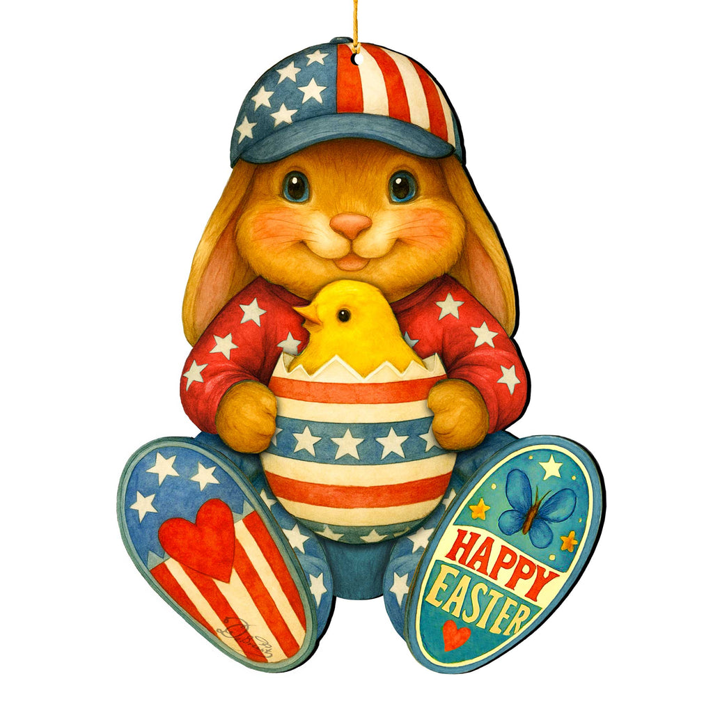Patriotic Easter Bunny Ornament with Chick – Handcrafted Wooden Americana Easter Décor by G. Debrekht - 8652857
