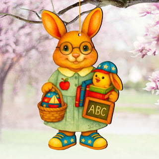 Patriotic Teacher Bunny Wooden Ornament – Handcrafted Wooden Americana Easter Décor by G. Debrekht - 8652858