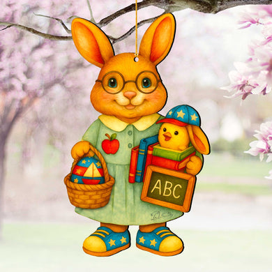 Patriotic Teacher Bunny Wooden Ornament – Handcrafted Wooden Americana Easter Décor by G. Debrekht - 8652858