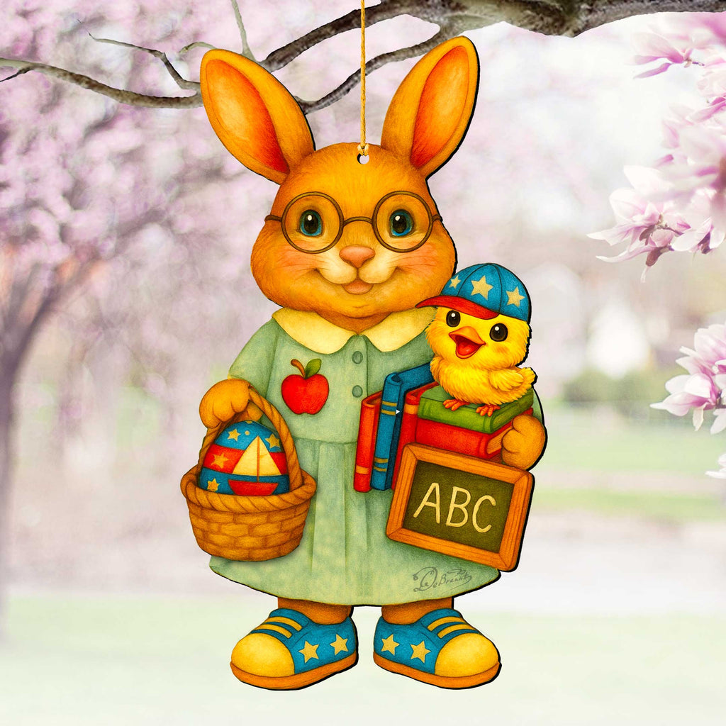 Patriotic Teacher Bunny Wooden Ornament – Handcrafted Wooden Americana Easter Décor by G. Debrekht - 8652858