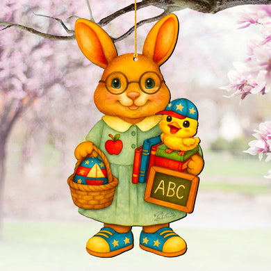 Patriotic Teacher Bunny Wooden Ornament – Handcrafted Wooden Americana Easter Décor by G. Debrekht - 8652858