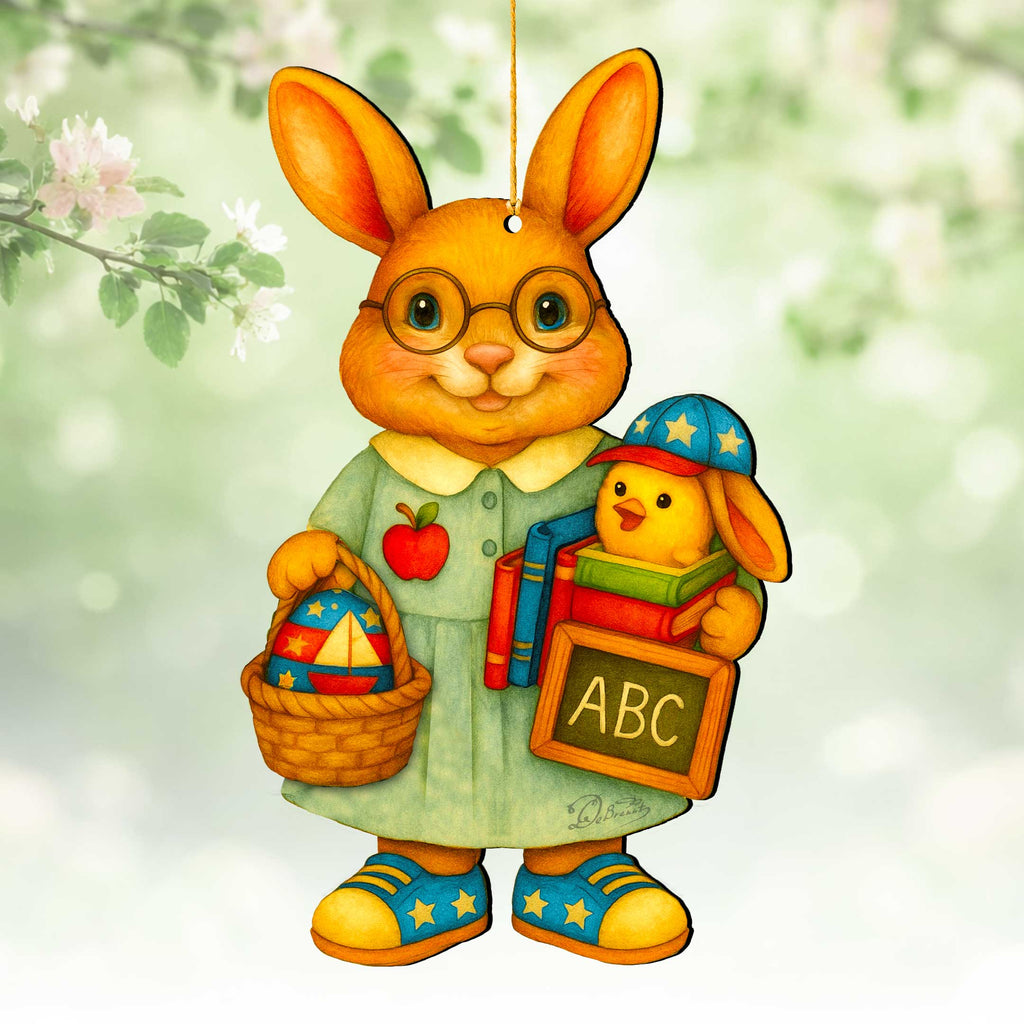 Patriotic Teacher Bunny Wooden Ornament – Handcrafted Wooden Americana Easter Décor by G. Debrekht - 8652858