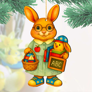 Patriotic Teacher Bunny Wooden Ornament – Handcrafted Wooden Americana Easter Décor by G. Debrekht - 8652858