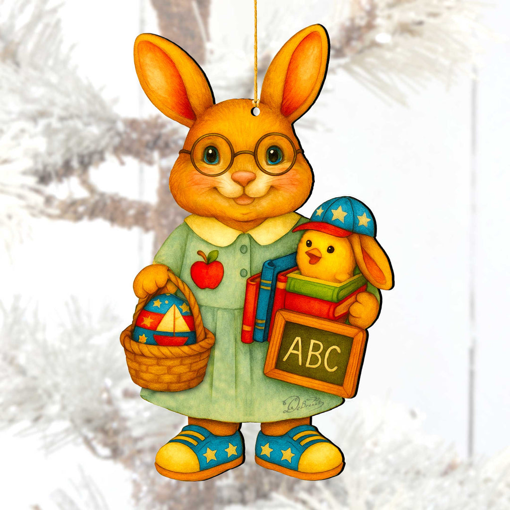 Patriotic Teacher Bunny Wooden Ornament – Handcrafted Wooden Americana Easter Décor by G. Debrekht - 8652858