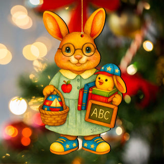 Patriotic Teacher Bunny Wooden Ornament – Handcrafted Wooden Americana Easter Décor by G. Debrekht - 8652858