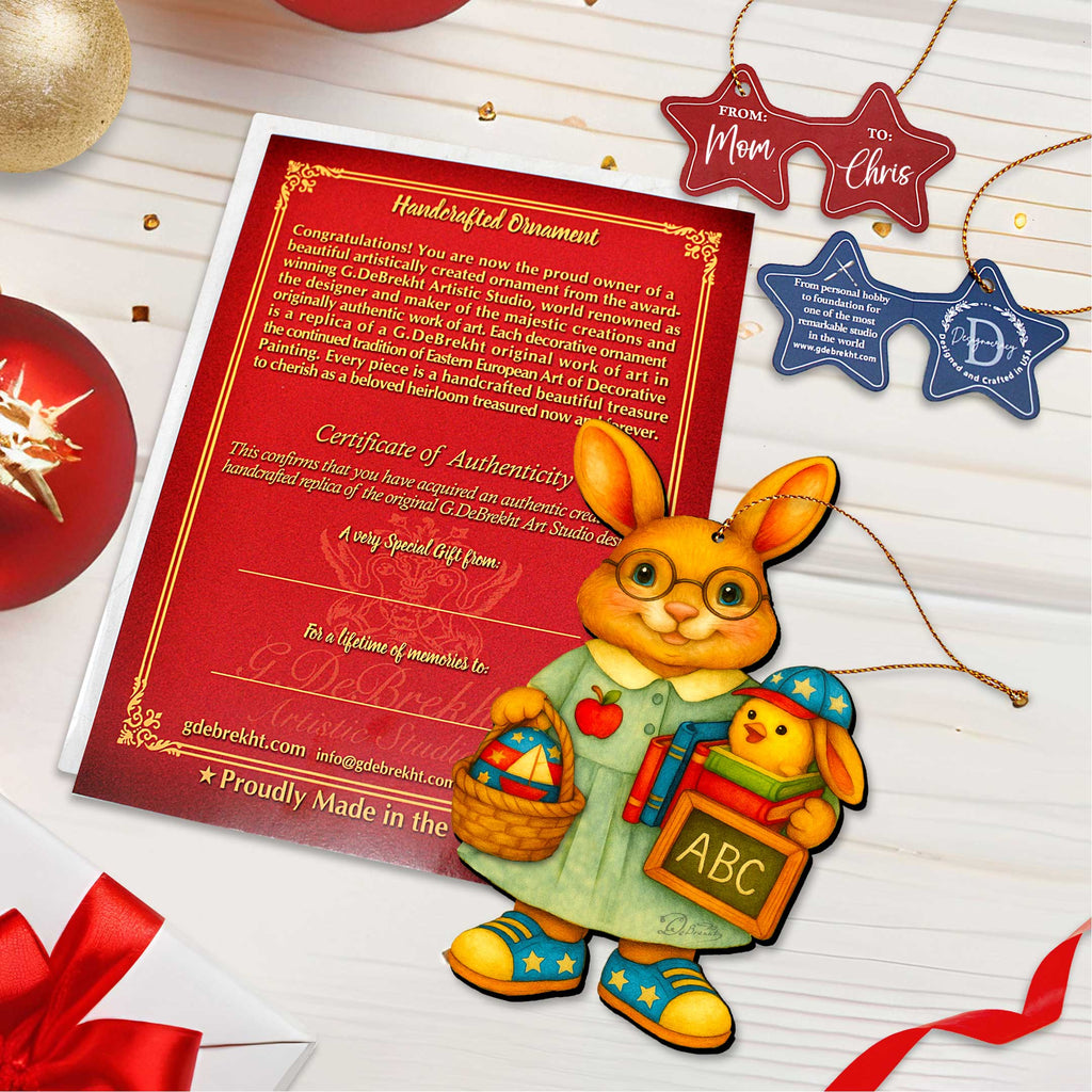 Patriotic Teacher Bunny Wooden Ornament – Handcrafted Wooden Americana Easter Décor by G. Debrekht - 8652858