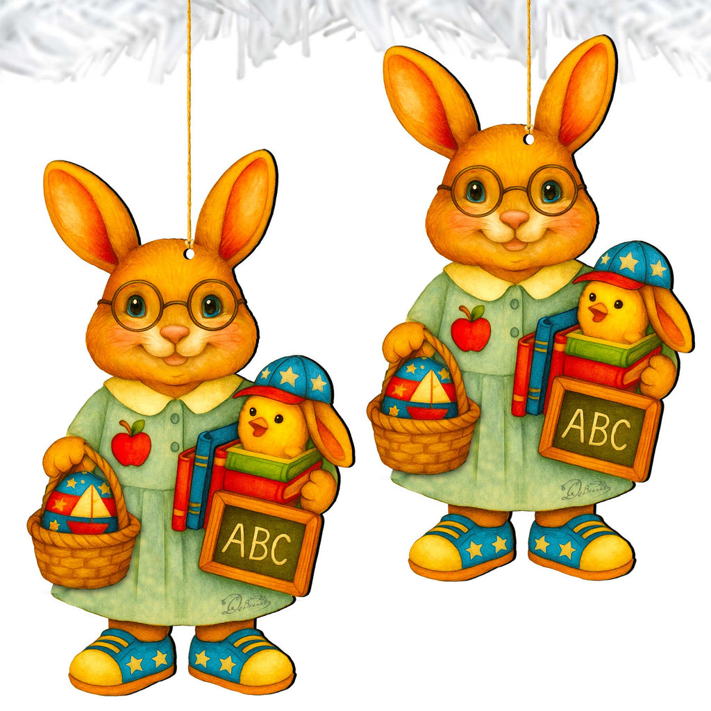 Patriotic Teacher Bunny Wooden Ornament – Handcrafted Wooden Americana Easter Décor by G. Debrekht - 8652858