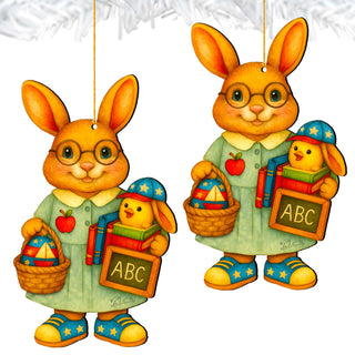 Patriotic Teacher Bunny Wooden Ornament – Handcrafted Wooden Americana Easter Décor by G. Debrekht - 8652858