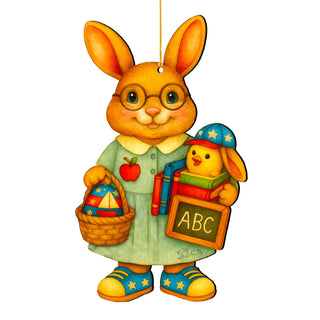 Patriotic Teacher Bunny Wooden Ornament – Handcrafted Wooden Americana Easter Décor by G. Debrekht - 8652858