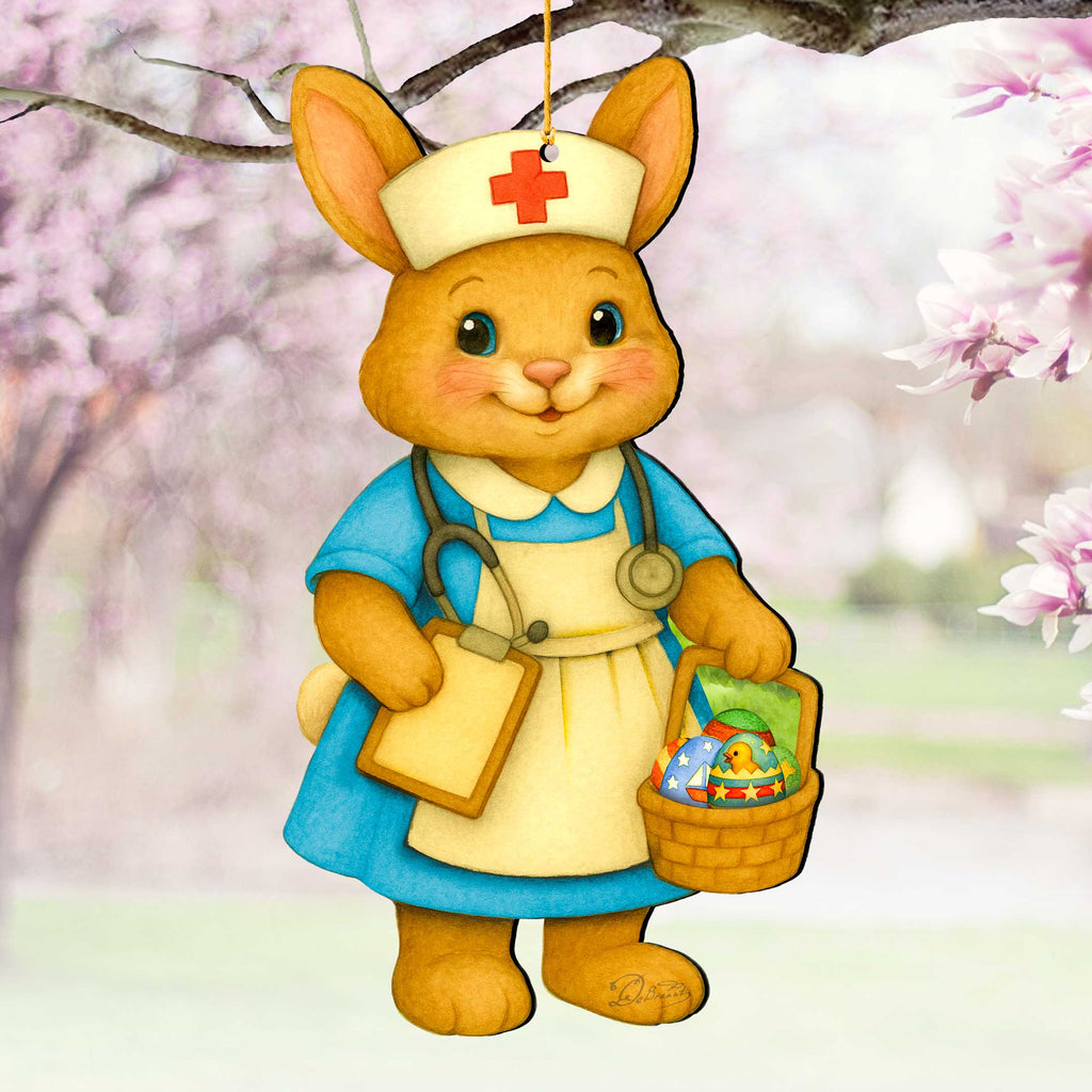 Nurse Bunny Easter Wooden Ornament – Handcrafted Wooden Americana Easter Décor by G. Debrekht - 8652859