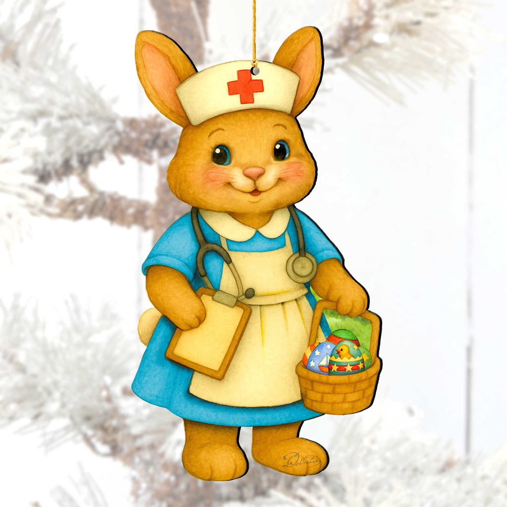 Nurse Bunny Easter Wooden Ornament – Handcrafted Wooden Americana Easter Décor by G. Debrekht - 8652859