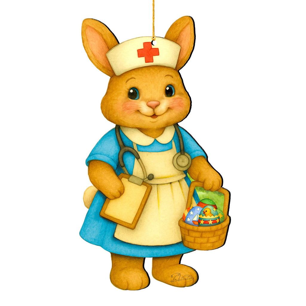 Nurse Bunny Easter Wooden Ornament – Handcrafted Wooden Americana Easter Décor by G. Debrekht - 8652859