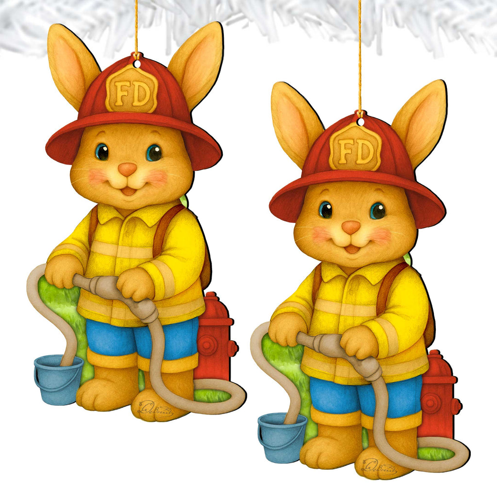 Firefighter Bunny Easter Wooden Ornament – Handcrafted Wooden Americana Easter Décor by G. Debrekht - 8652860