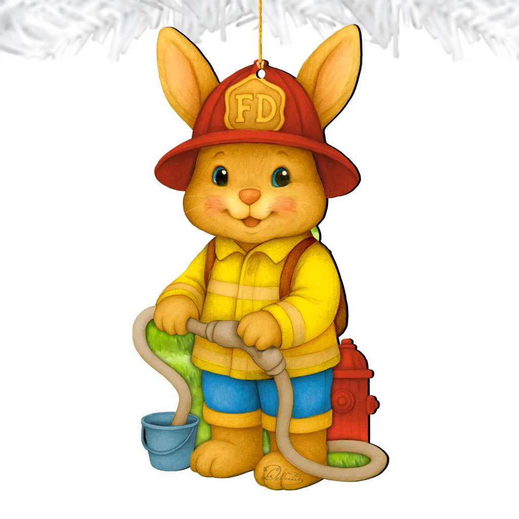 Firefighter Bunny Easter Wooden Ornament – Handcrafted Wooden Americana Easter Décor by G. Debrekht - 8652860