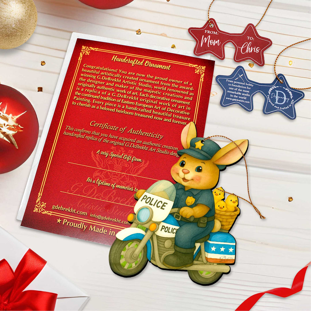 Police Officer Bunny Easter Wooden Ornament – Handcrafted Wooden Americana Easter Décor by G. Debrekht - 8652861