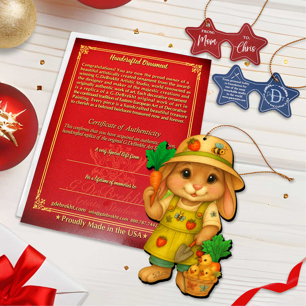 Gardener Bunny Easter Wooden Ornament – Handcrafted Wooden Americana Easter Décor by G. Debrekht - 8652862