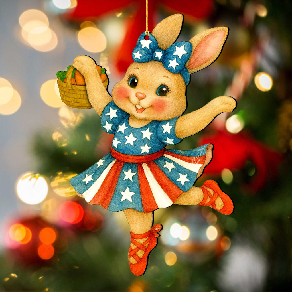 Patriotic Dancing Bunny Easter Wooden Ornament – Handcrafted Wooden Americana Easter Décor by G. Debrekht - 8652863