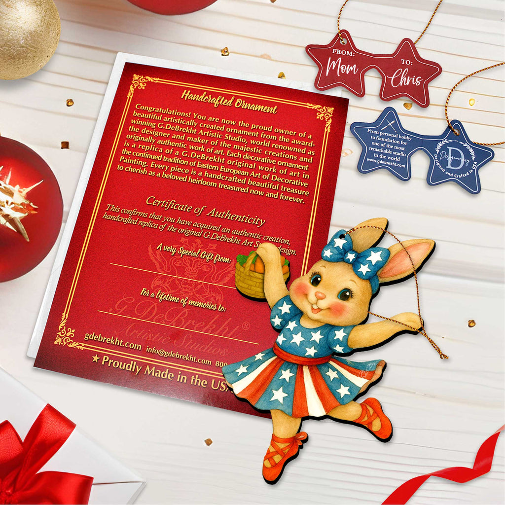 Patriotic Dancing Bunny Easter Wooden Ornament – Handcrafted Wooden Americana Easter Décor by G. Debrekht - 8652863
