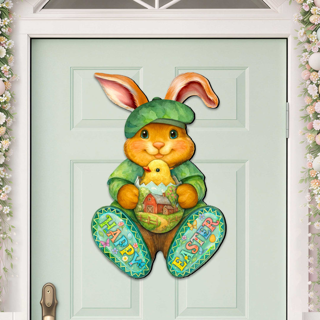 Happy Easter Bunny Door Hanger with Chick – Handcrafted Wooden Spring Door Décor by G. Debrekht - 8652864H