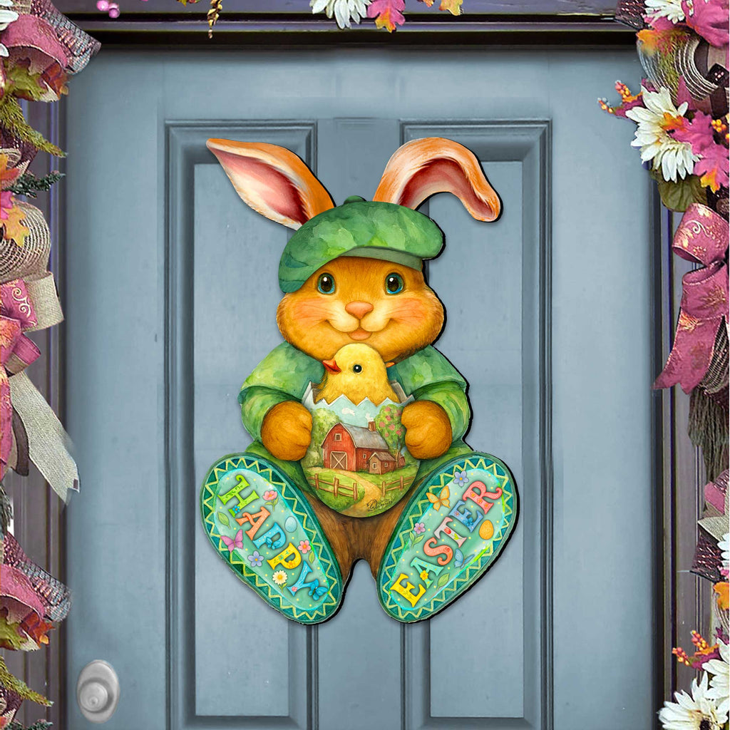 Happy Easter Bunny Door Hanger with Chick – Handcrafted Wooden Spring Door Décor by G. Debrekht - 8652864H