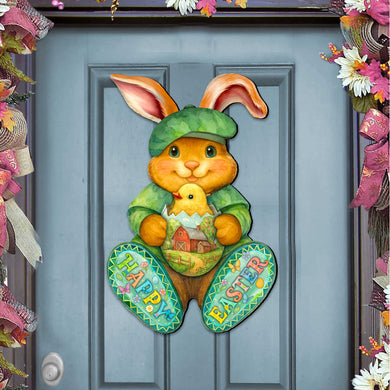 Happy Easter Bunny Door Hanger with Chick – Handcrafted Wooden Spring Door Décor by G. Debrekht - 8652864H
