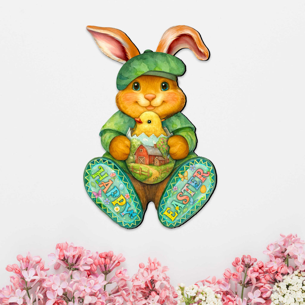 Happy Easter Bunny Door Hanger with Chick – Handcrafted Wooden Spring Door Décor by G. Debrekht - 8652864H
