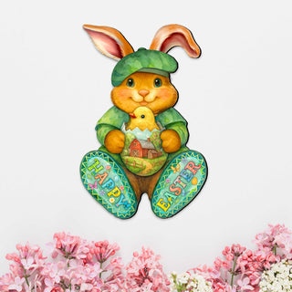 Happy Easter Bunny Door Hanger with Chick – Handcrafted Wooden Spring Door Décor by G. Debrekht - 8652864H