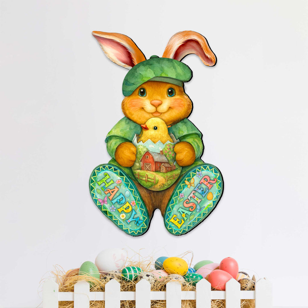 Happy Easter Bunny Door Hanger with Chick – Handcrafted Wooden Spring Door Décor by G. Debrekht - 8652864H