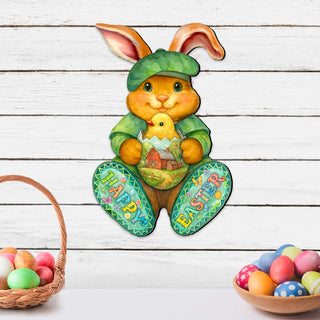 Happy Easter Bunny Door Hanger with Chick – Handcrafted Wooden Spring Door Décor by G. Debrekht - 8652864H
