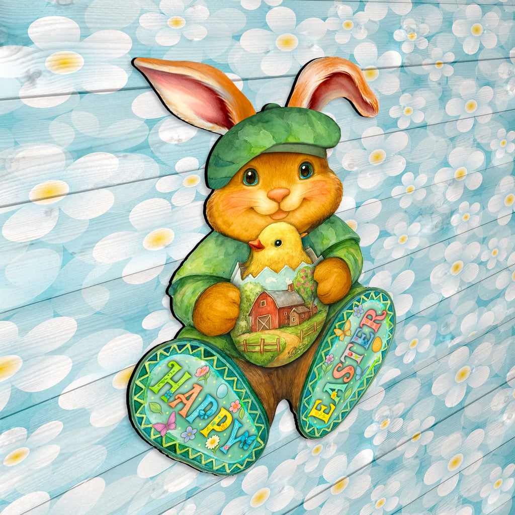Happy Easter Bunny Door Hanger with Chick – Handcrafted Wooden Spring Door Décor by G. Debrekht - 8652864H