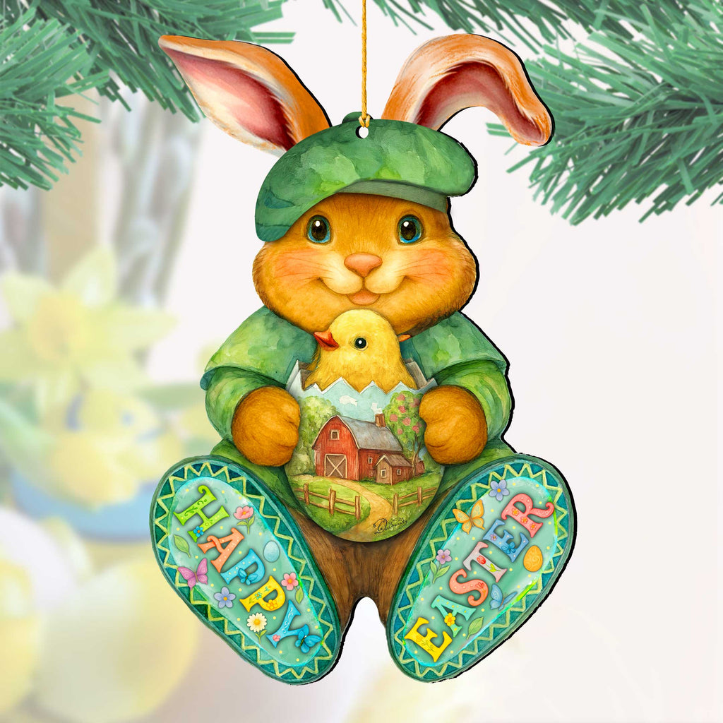 Happy Easter Bunny Ornament with Chick – Handcrafted Wooden Easter Décor by G. Debrekht - 8652864
