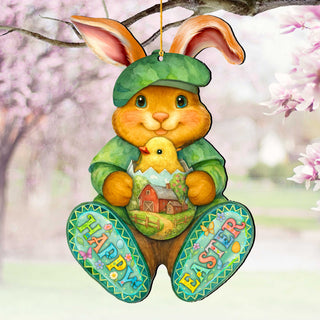 Happy Easter Bunny Ornament with Chick – Handcrafted Wooden Easter Décor by G. Debrekht - 8652864