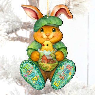 Happy Easter Bunny Ornament with Chick – Handcrafted Wooden Easter Décor by G. Debrekht - 8652864