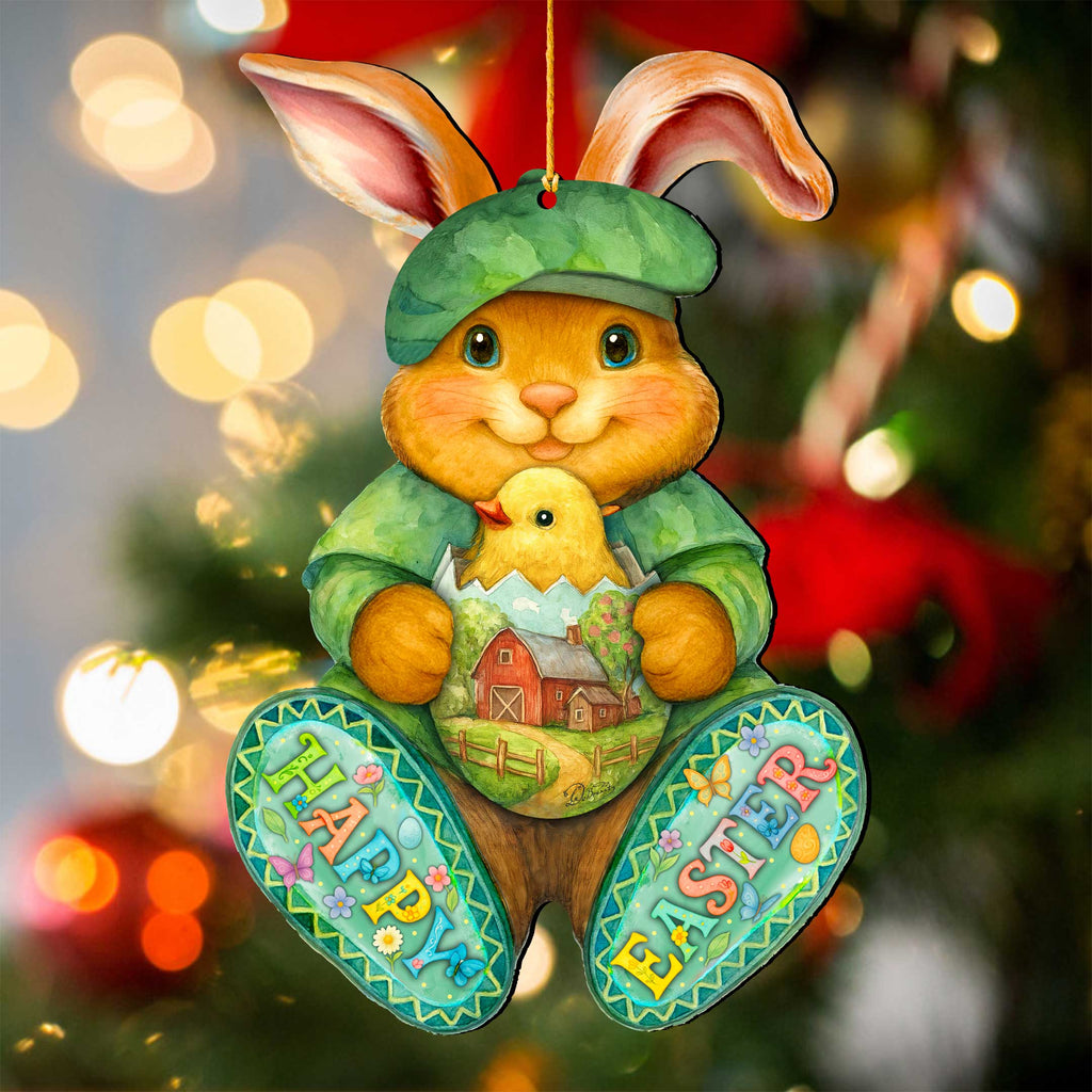 Happy Easter Bunny Ornament with Chick – Handcrafted Wooden Easter Décor by G. Debrekht - 8652864