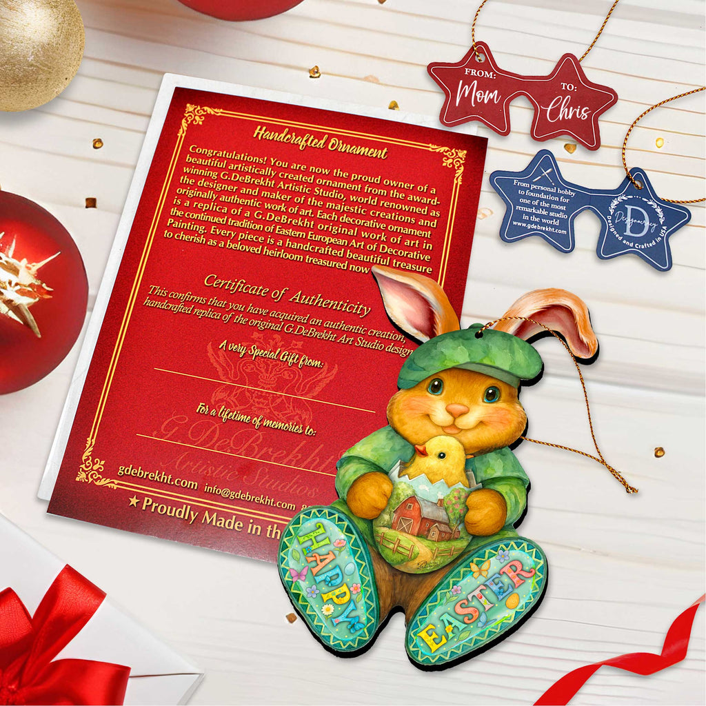 Happy Easter Bunny Ornament with Chick – Handcrafted Wooden Easter Décor by G. Debrekht - 8652864