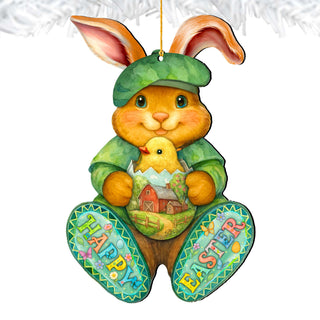 Happy Easter Bunny Ornament with Chick – Handcrafted Wooden Easter Décor by G. Debrekht - 8652864