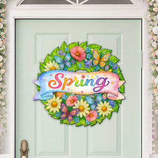 Spring Floral Wreath Door Hanger – Handcrafted Wooden Spring Door Décor by G. Debrekht - 8652866H
