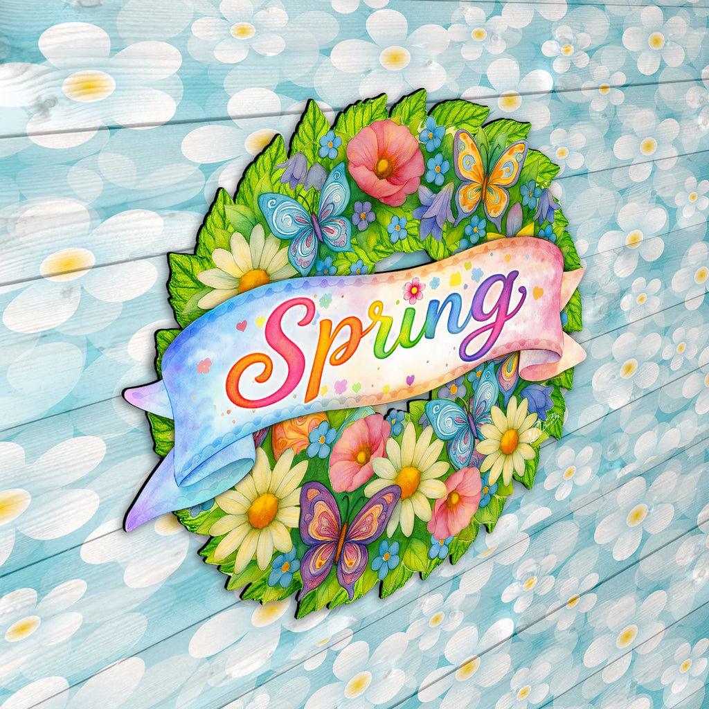 Spring Floral Wreath Door Hanger – Handcrafted Wooden Spring Door Décor by G. Debrekht - 8652866H