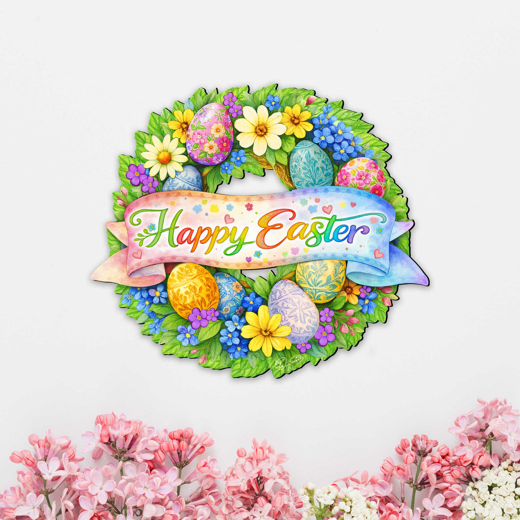 Happy Easter Floral Wreath Door Hanger – Handcrafted Wooden Spring Door Décor by G. Debrekht - 8652867H