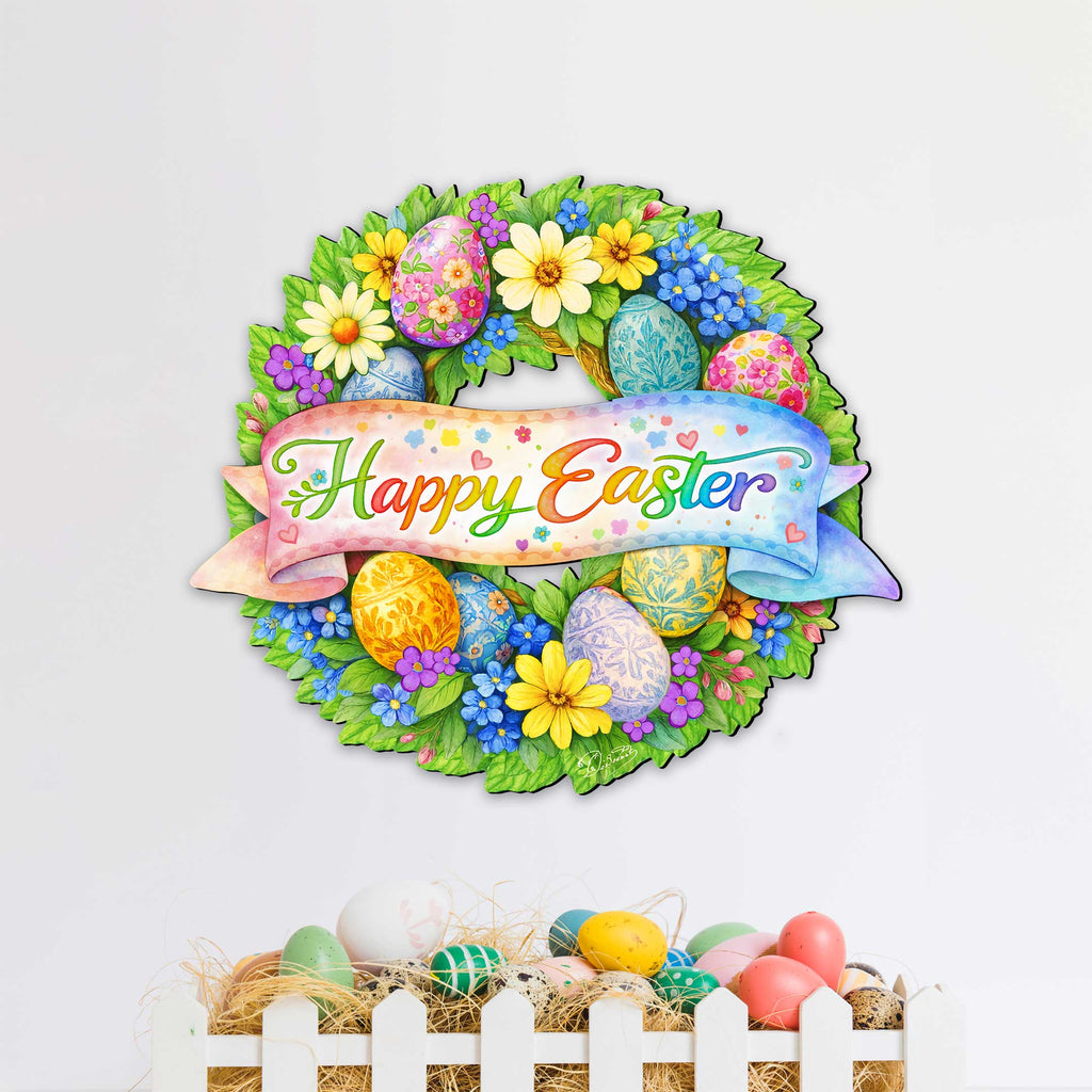 Happy Easter Floral Wreath Door Hanger – Handcrafted Wooden Spring Door Décor by G. Debrekht - 8652867H