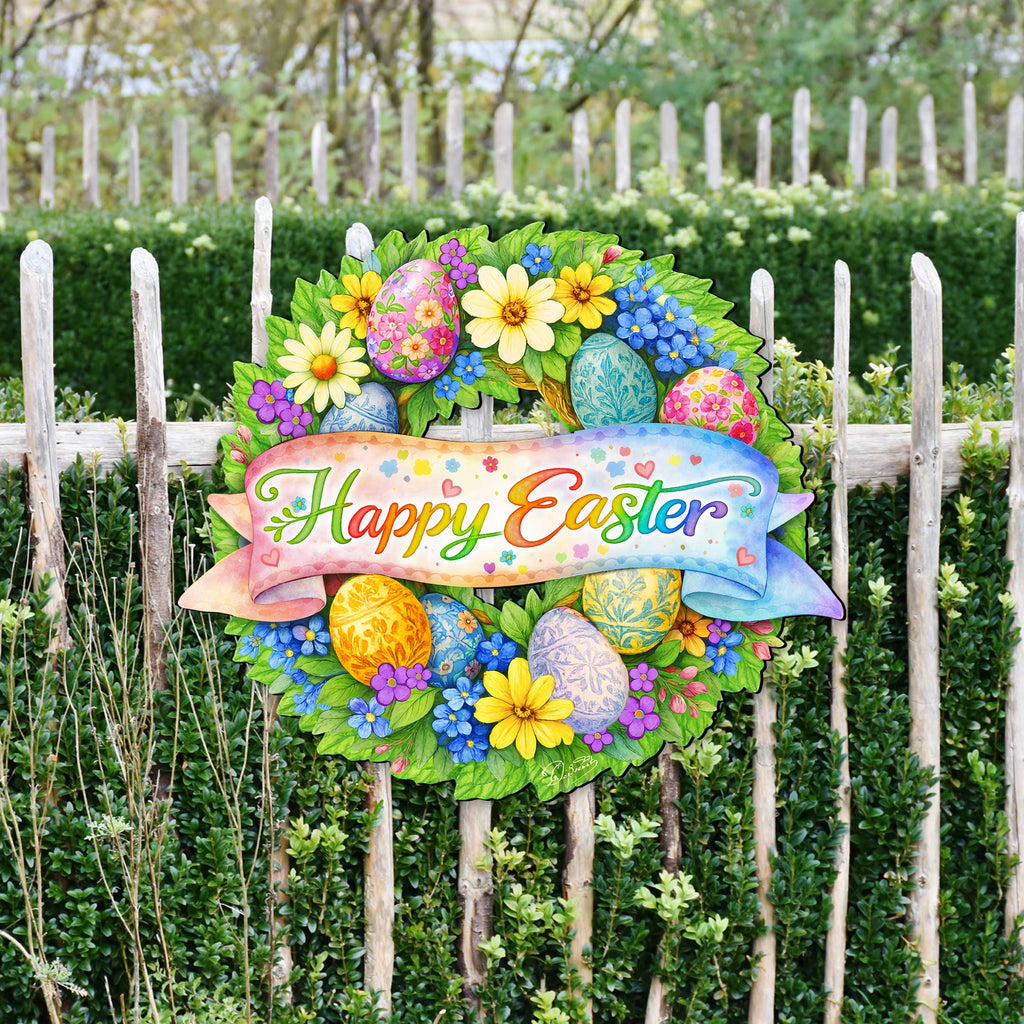 Happy Easter Floral Wreath Door Hanger – Handcrafted Wooden Spring Door Décor by G. Debrekht - 8652867H