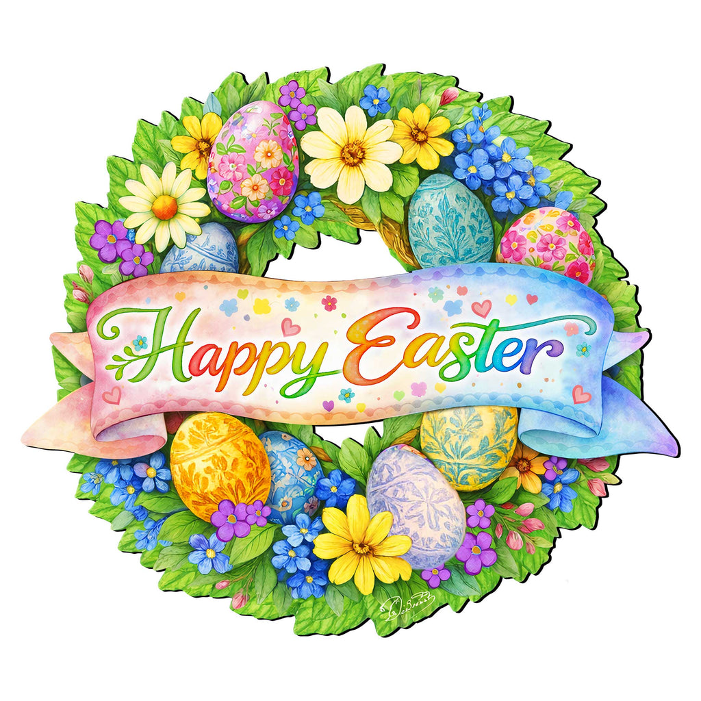 Happy Easter Floral Wreath Door Hanger – Handcrafted Wooden Spring Door Décor by G. Debrekht - 8652867H
