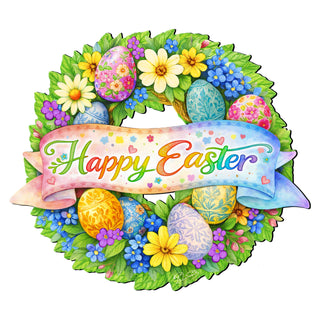 Happy Easter Floral Wreath Door Hanger – Handcrafted Wooden Spring Door Décor by G. Debrekht - 8652867H