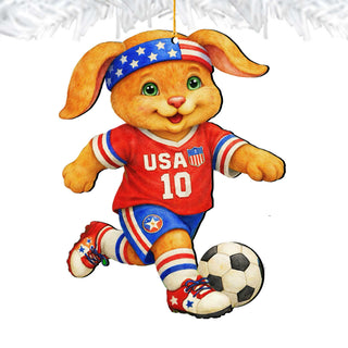 Patriotic Soccer Bunny Wooden Ornament – USA Sports Easter Bunny Decoration – Handcrafted Wooden Easter Décor by G. Debrekht - 8652870