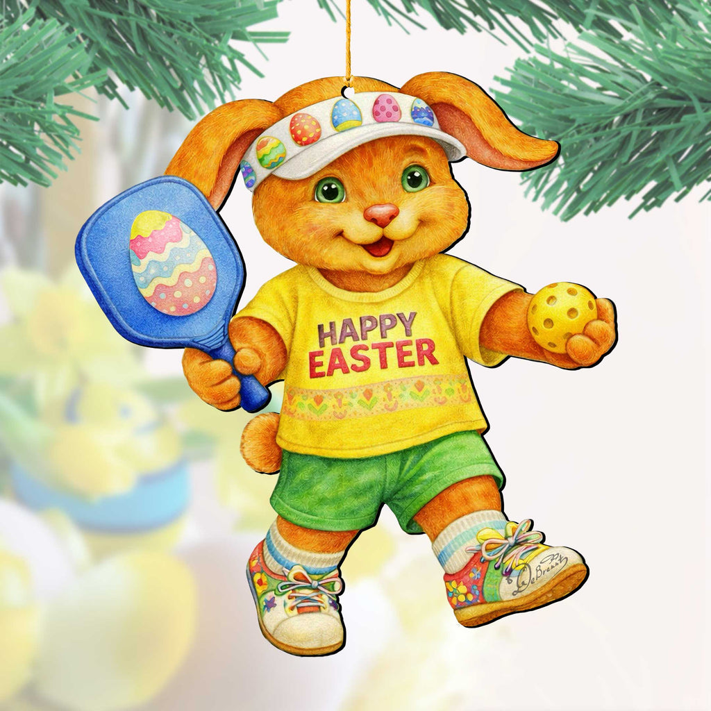 Pickleball Bunny Boy Wooden Ornament – Spring Bunny Decoration – Handcrafted Wooden Easter Décor by G. Debrekht - 8652871